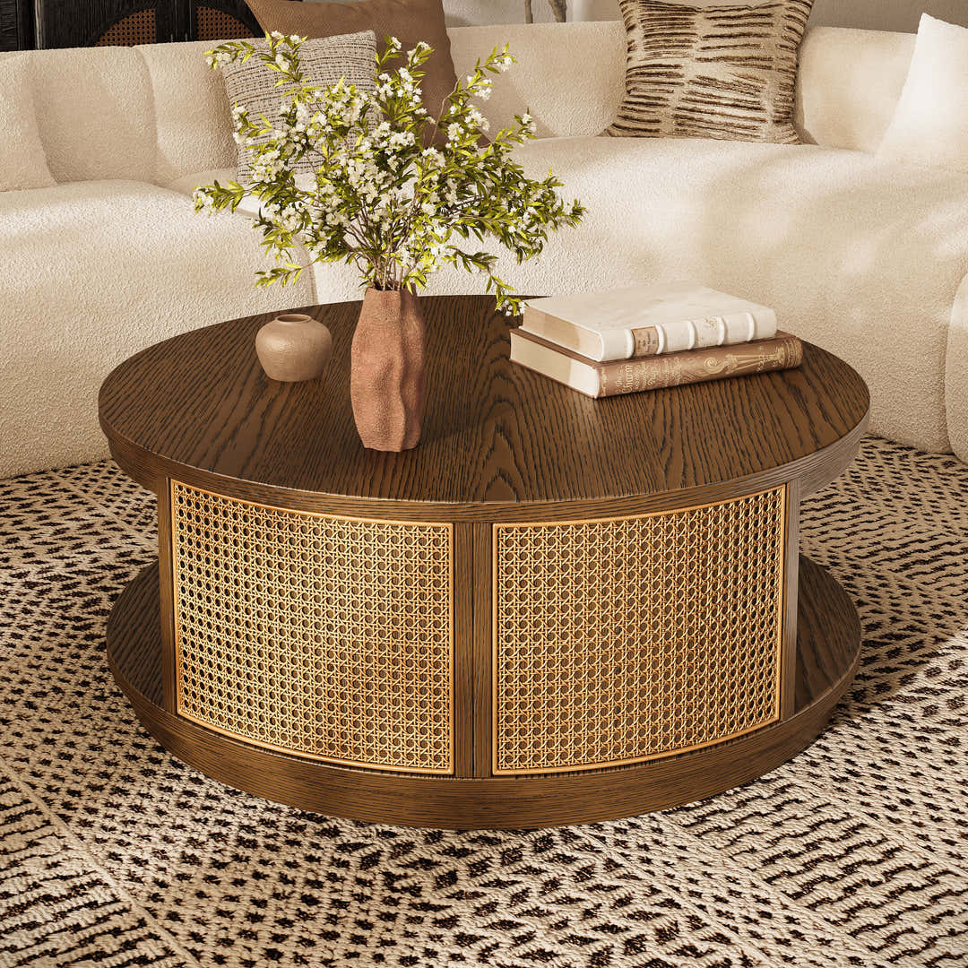 HOULTE Harlow Round Oak and Rattan Drum Coffee Table
