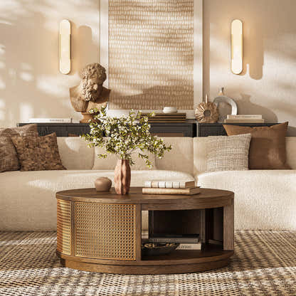 Harlow Round Oak & Rattan Drum Coffee Table