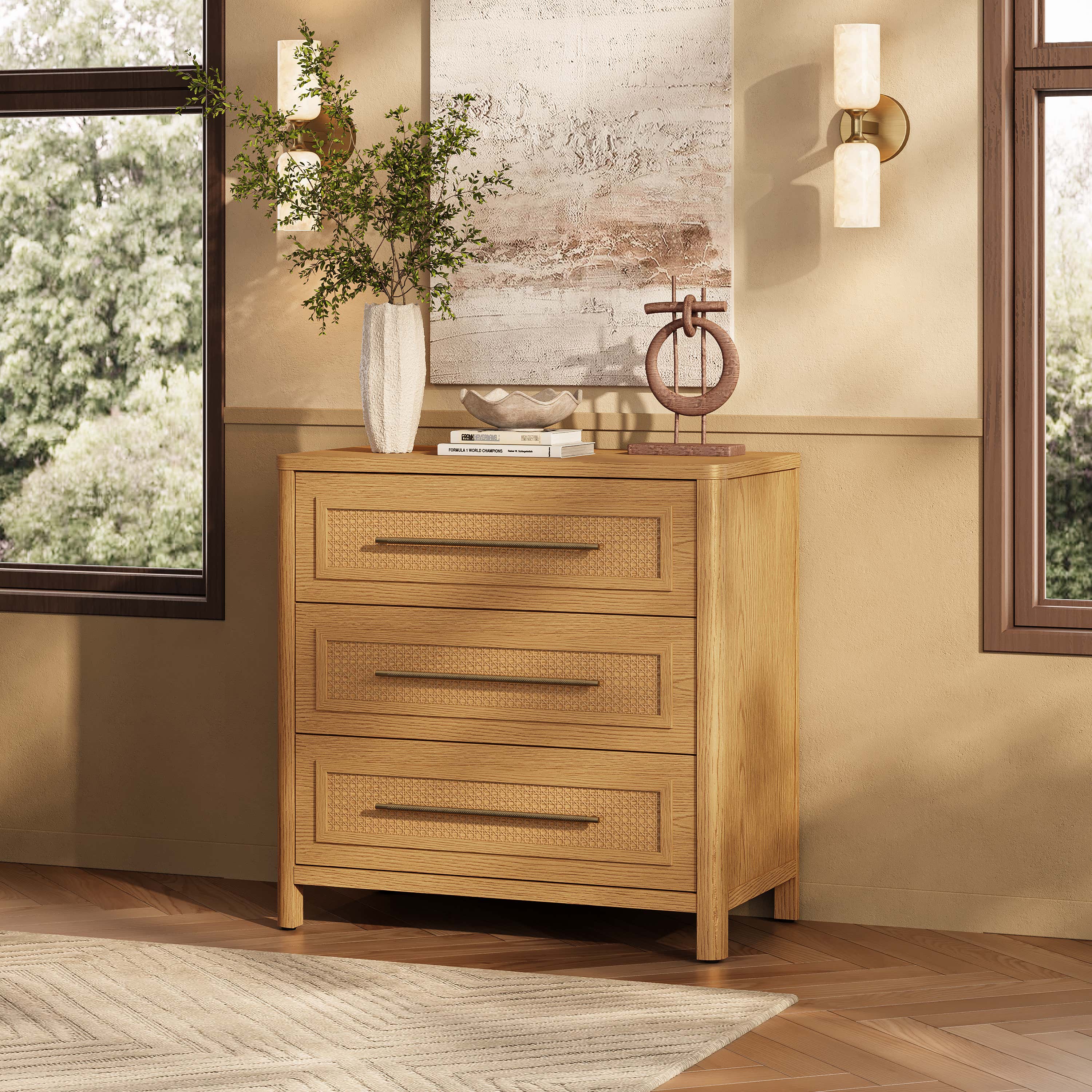 Arden Cane 32" Oak 3-Drawer Chest