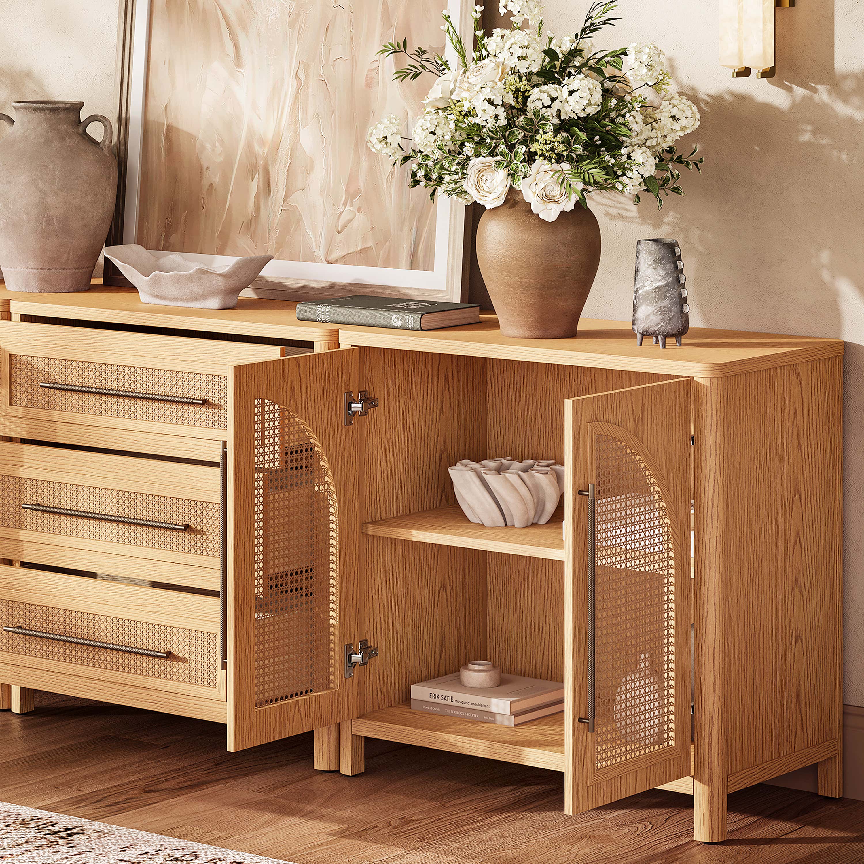 Arden Cane 94.5″ Oak Modular Media Console(Set of 3)