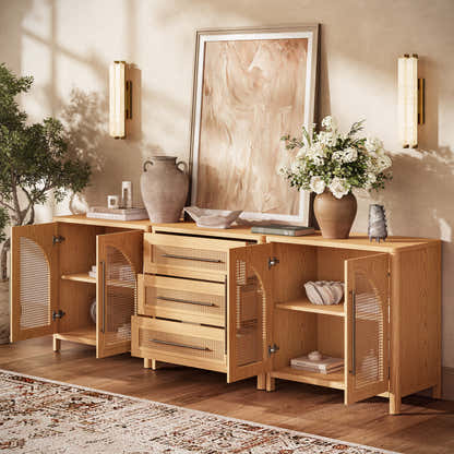 Arden Cane 94.5″ Oak Modular Media Console(Set of 3)