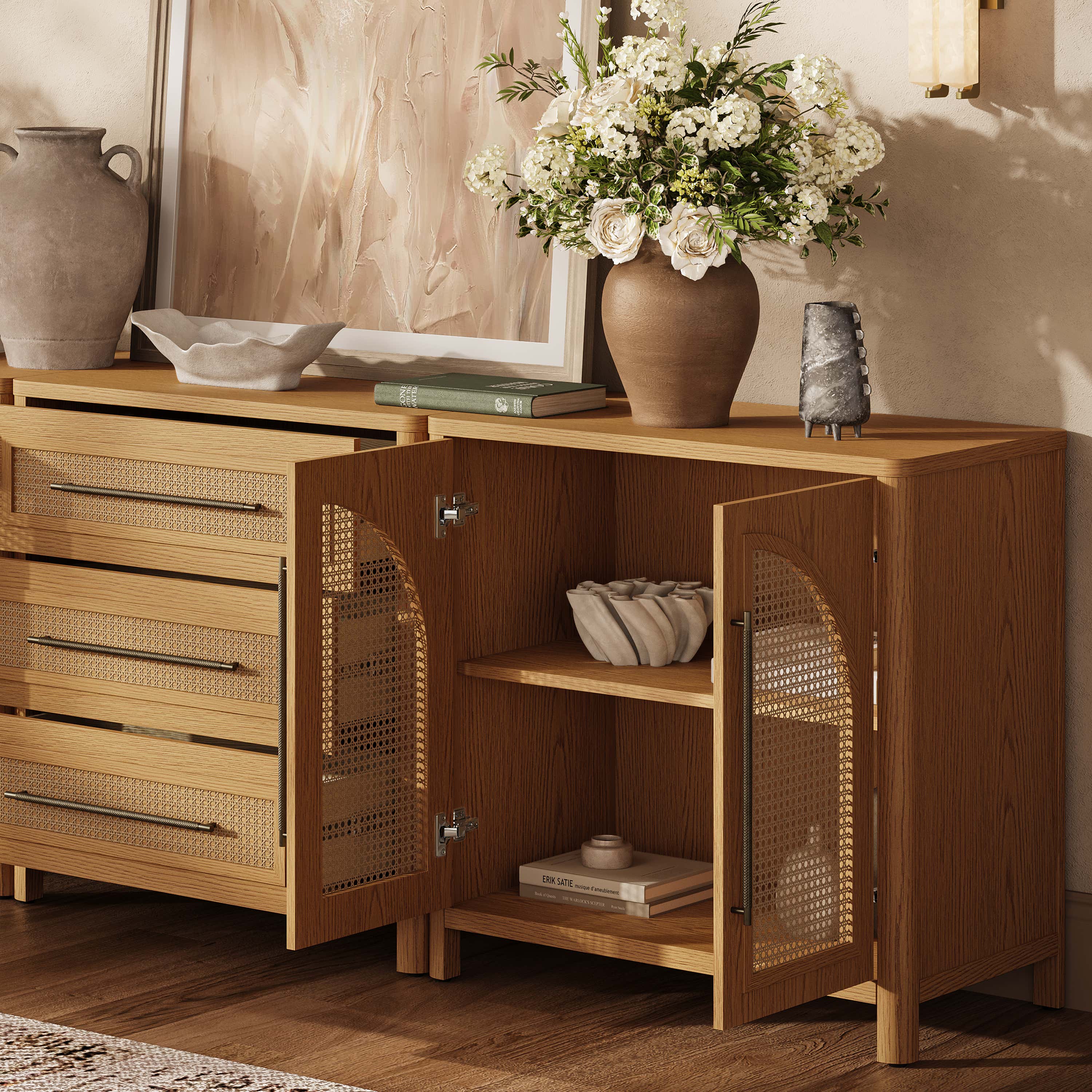 Arden Cane 94.5″ Oak Modular Media Console(Set of 3)