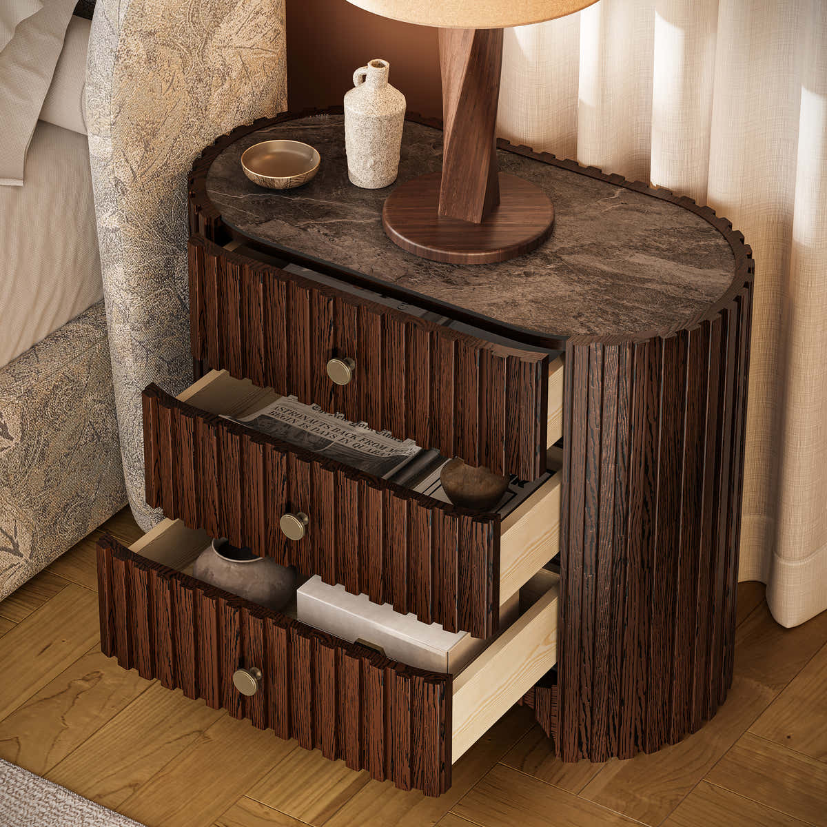 Sinclair Fluted Stone Nightstand 30 inch W