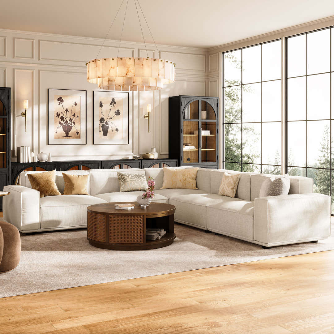 Houlte Premium Modular White Linen Sofa showing fluid lines and arched red oak legs