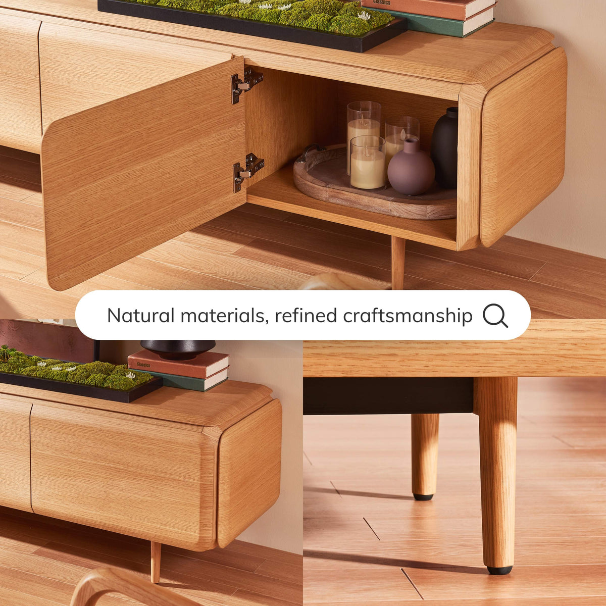 Close-up media console craftsmanship and storage detail