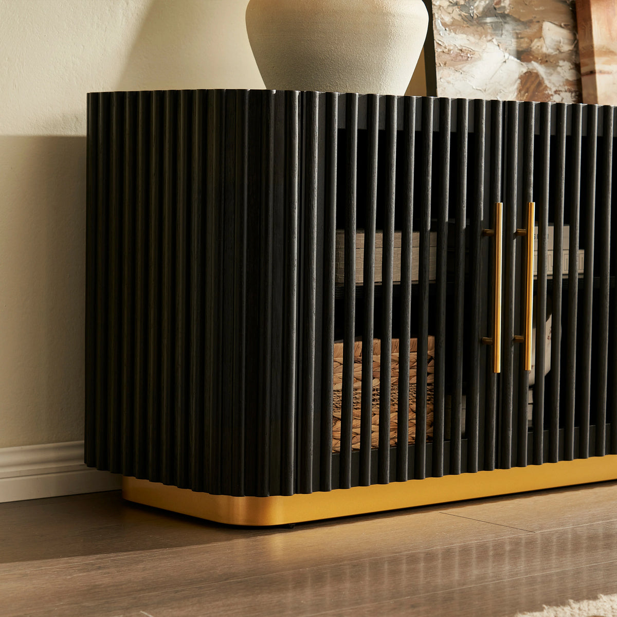 Detail view of wide Holt oak media console