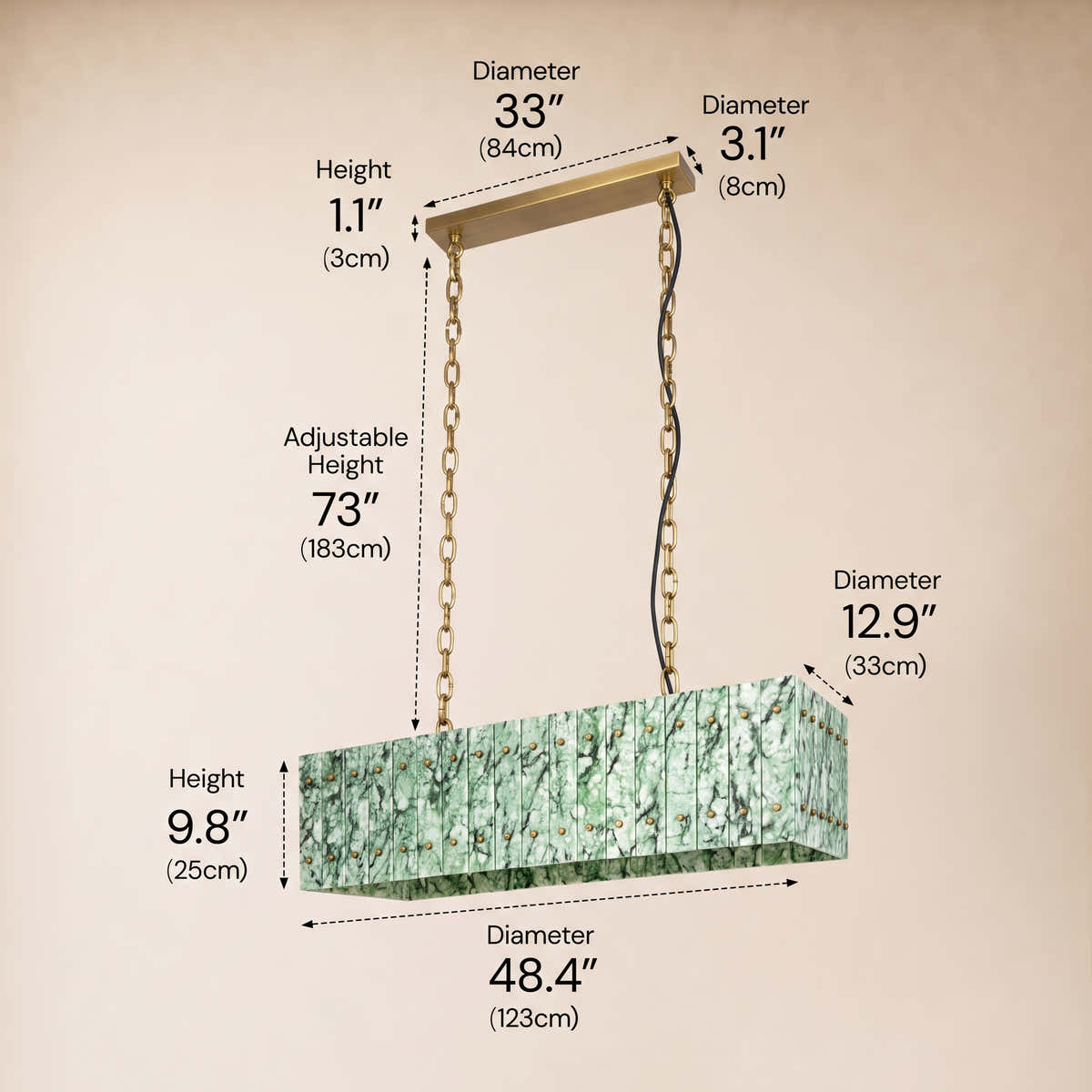 Pietra Forest Green Marble Rectangular Chandelier 48"W dimensions 2