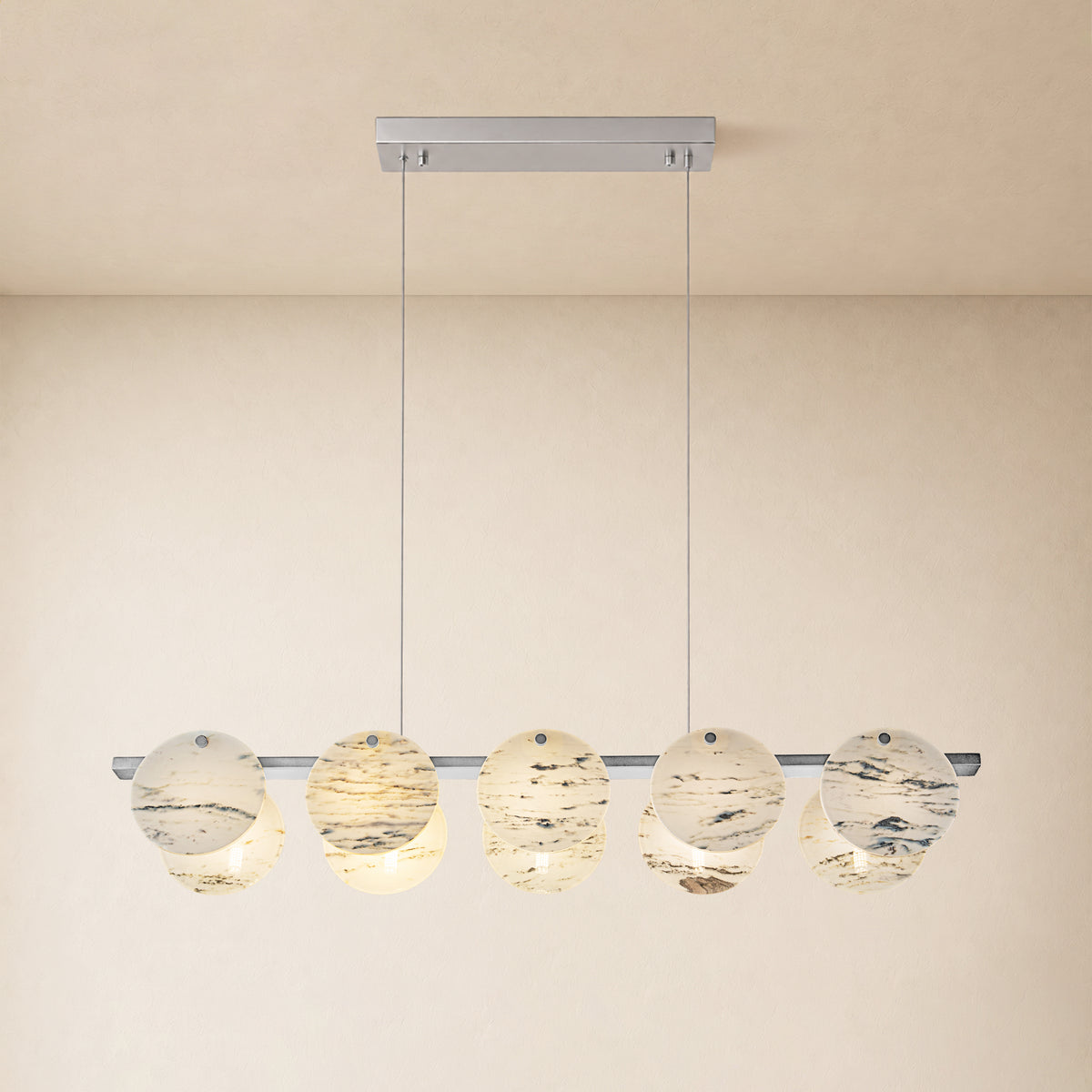Pietra White Ink Marble Round Disc Linear Chandelier 39.3"W
