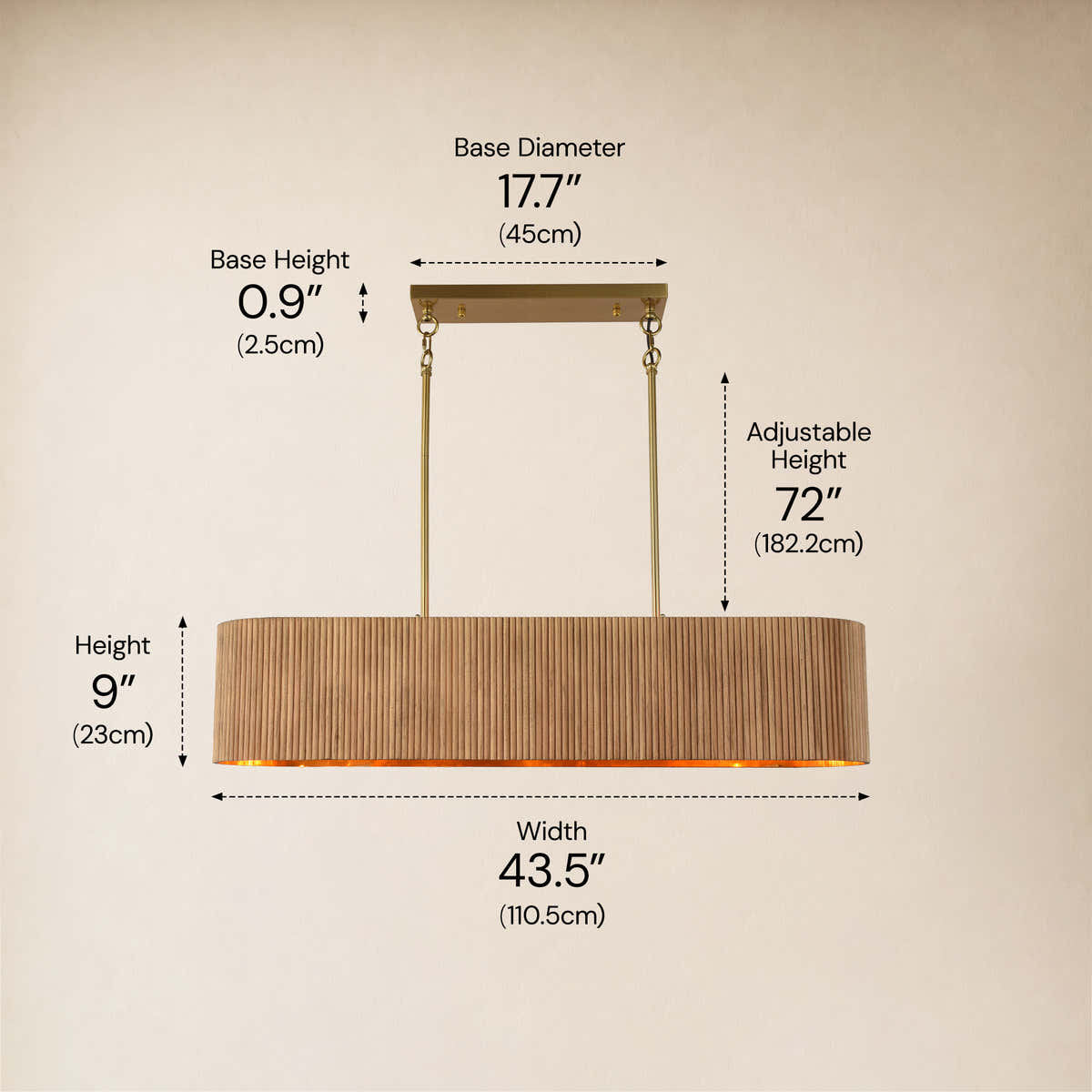 Eldwyne Oak Ribbed Rectangular Chandelier 43.5"W dimensions 1