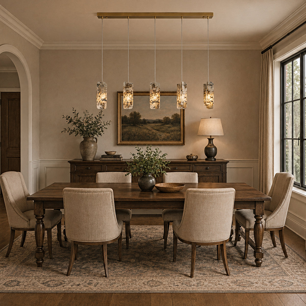 Five marble pendant lights grouped above a kitchen island