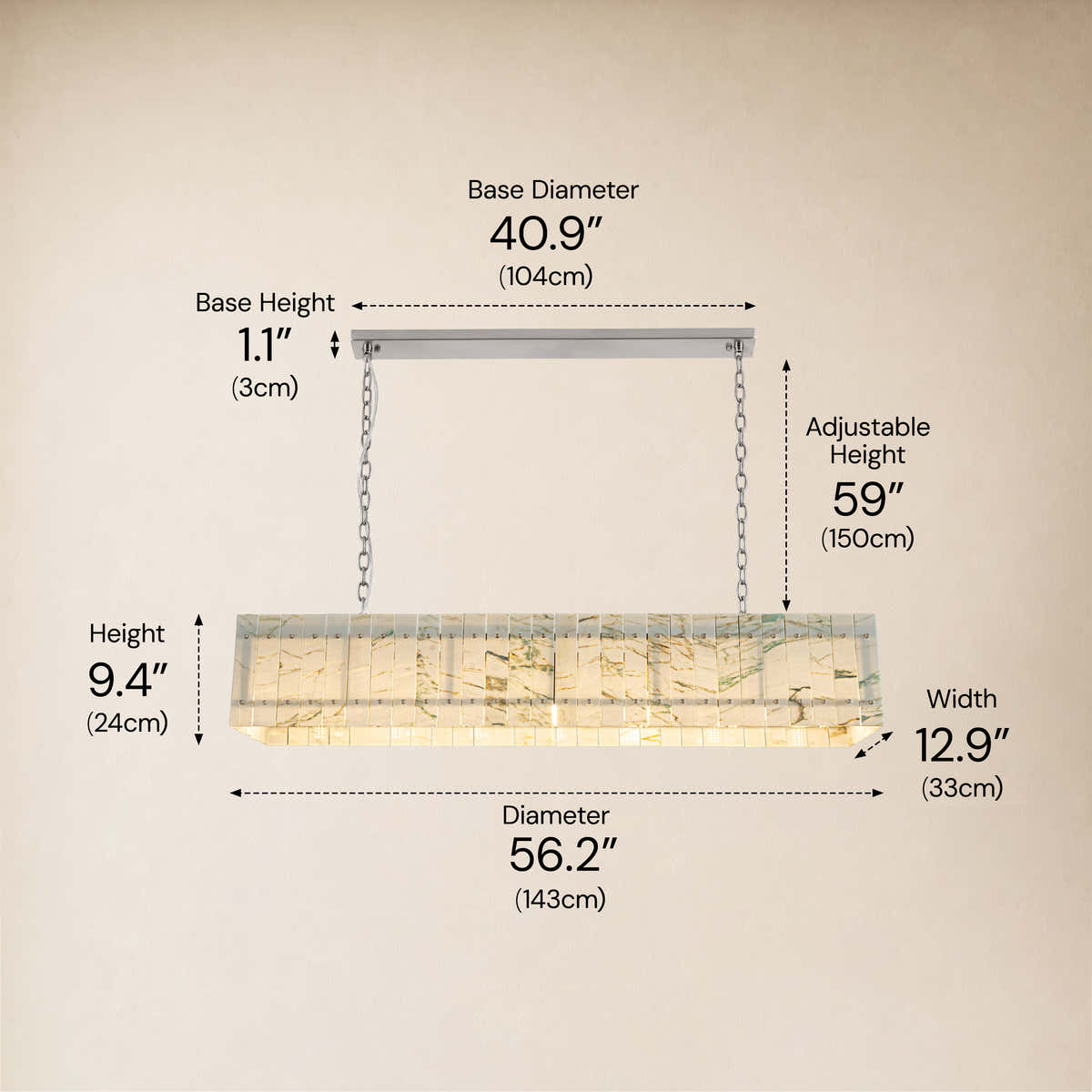 Pietra Willow White Marble Rectangular Chandelier 55.1"W dimensions 2