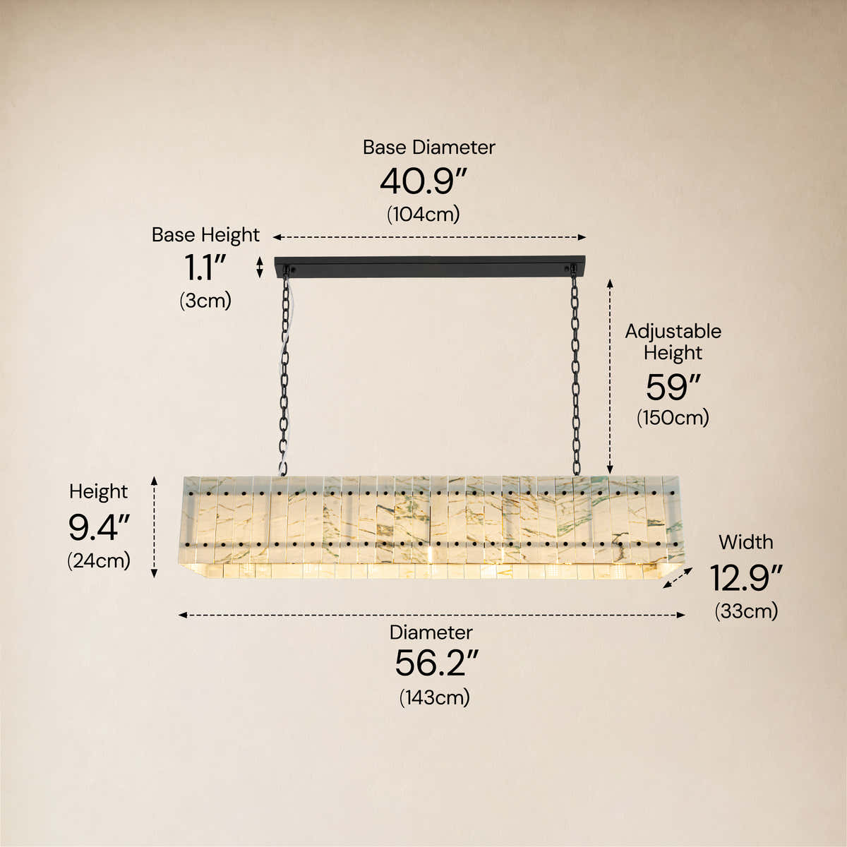 Pietra Willow White Marble Rectangular Chandelier 55.1"W dimensions 3