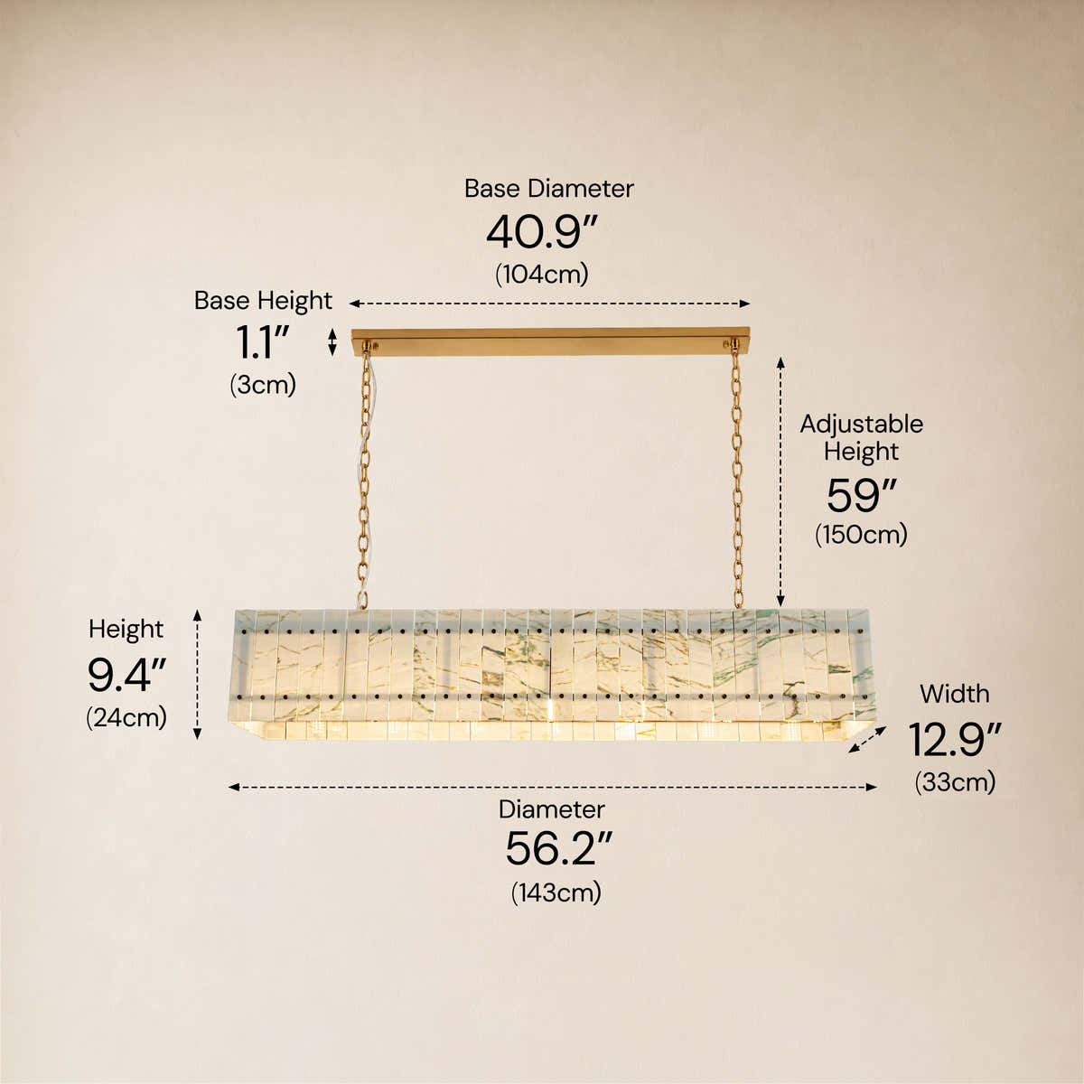 Pietra Willow White Marble Rectangular Chandelier 55.1"W dimensions 1