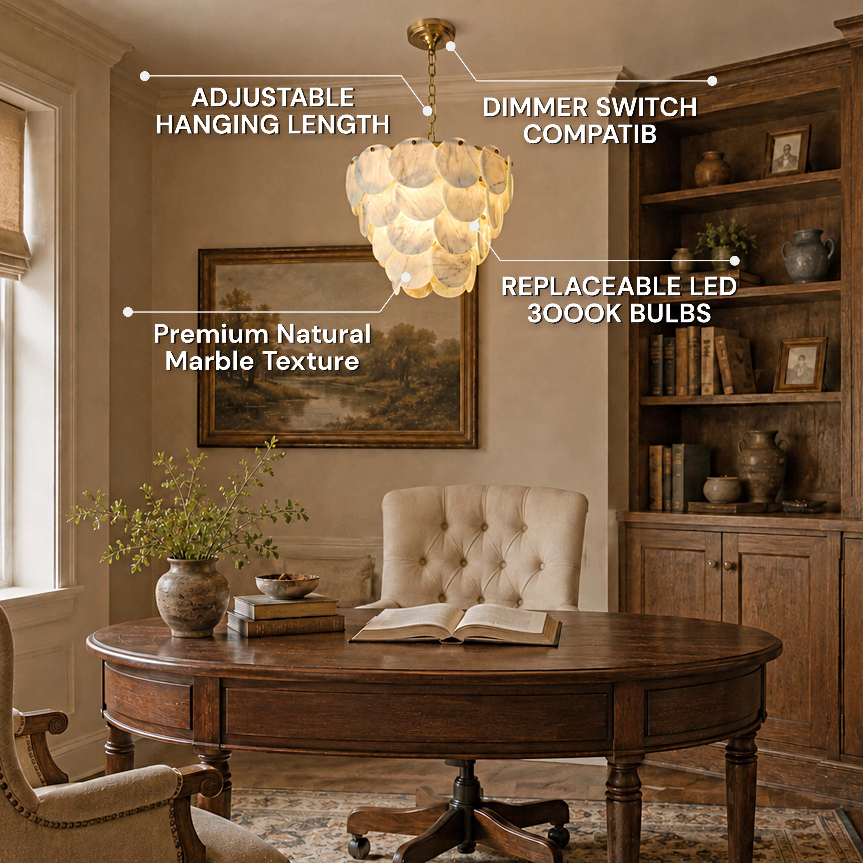 Pietra White Marble Round Disc Pendant 16.1"D