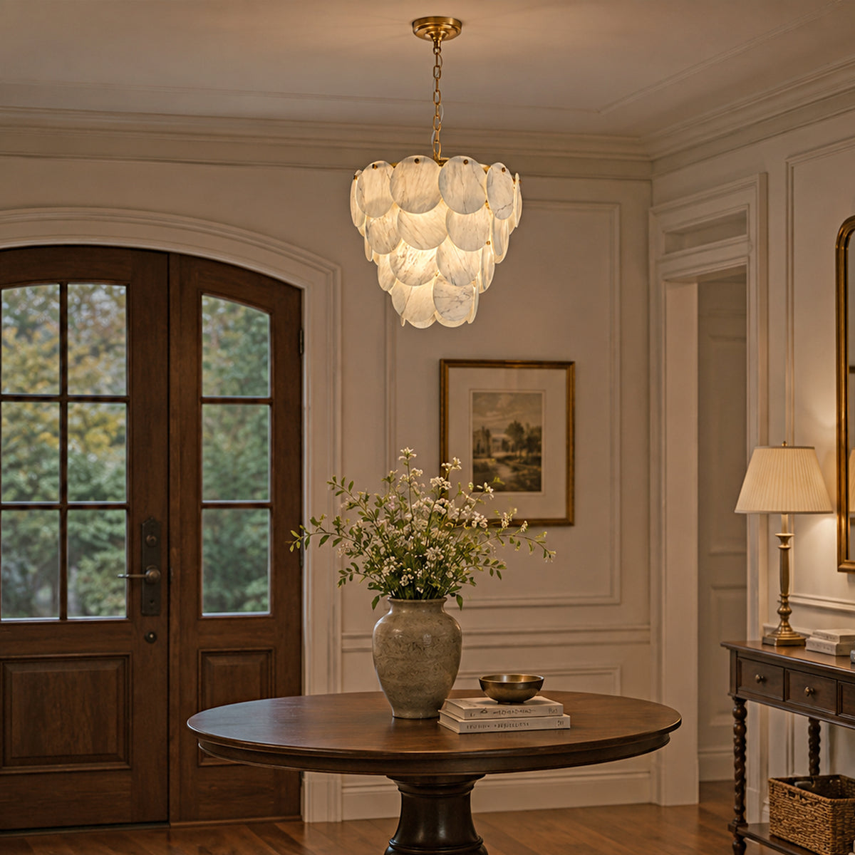 Pietra white marble round disc pendant in a light modern interior