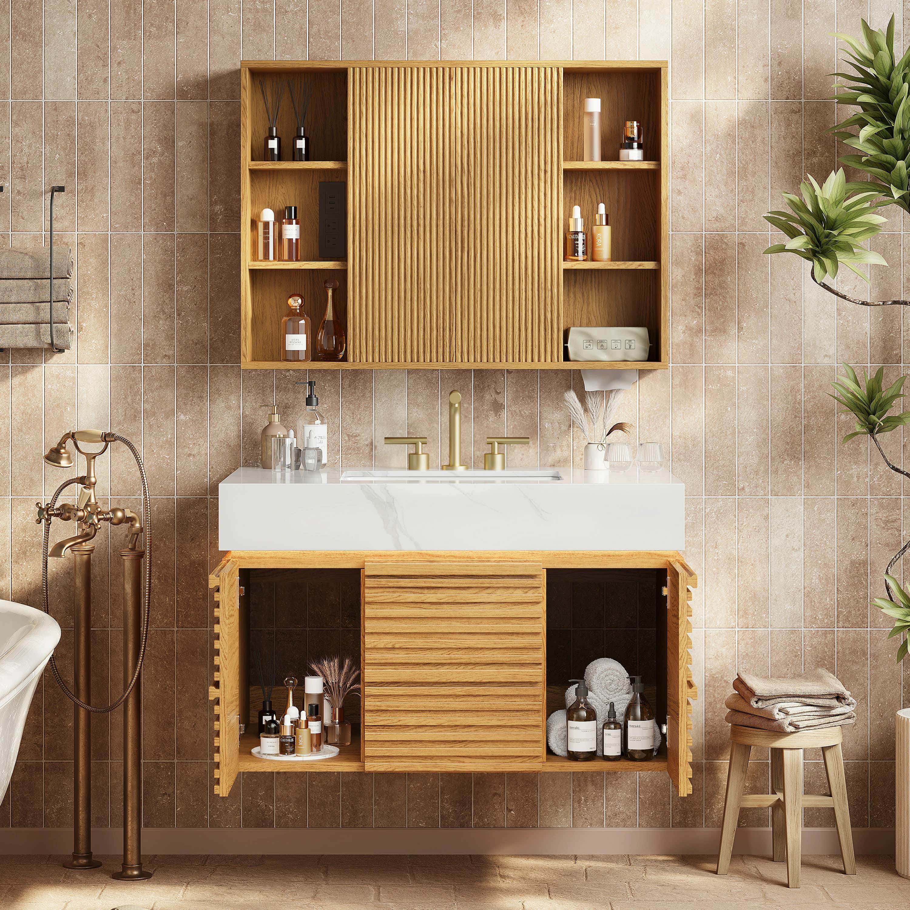 Isla Oak Bathroom Wall Mirror And Vanity Set