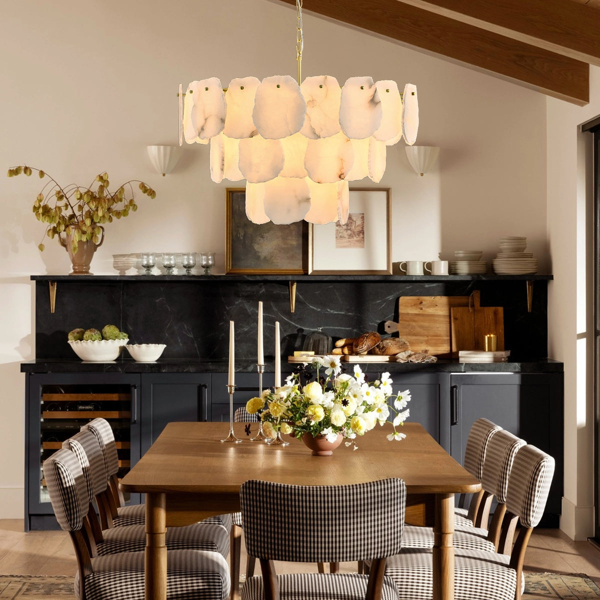 Warm alabaster chandelier providing ambient light in an interior