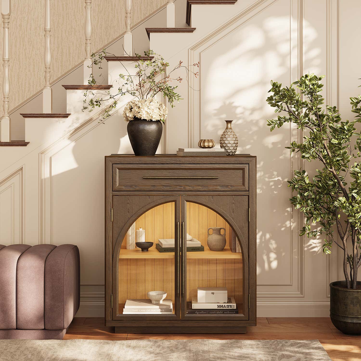 Alvar Arched 32" Oak Storage Cabinet with Drawers