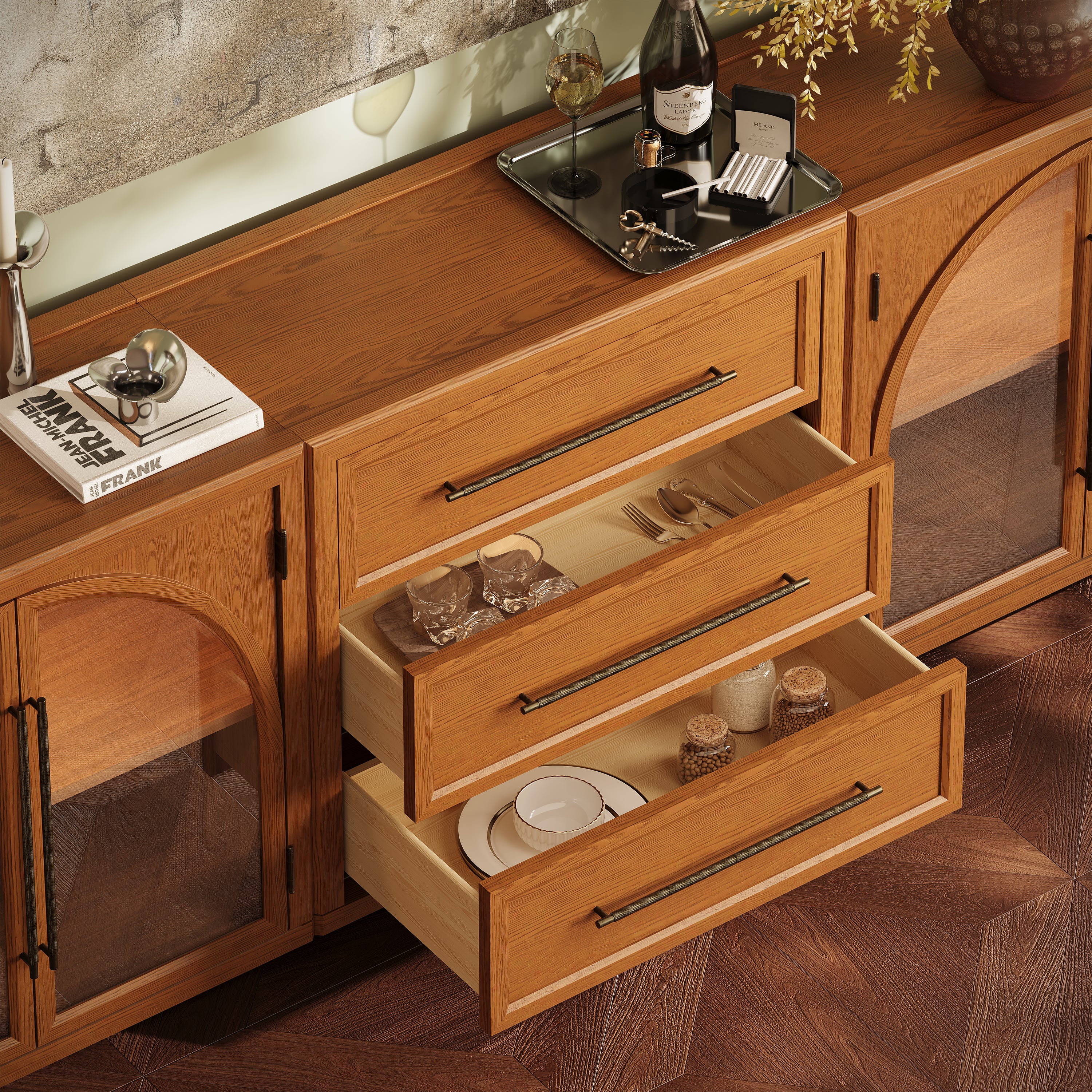 Alvar Arched 94.5″ Oak Modular Media Console(Set of 3)