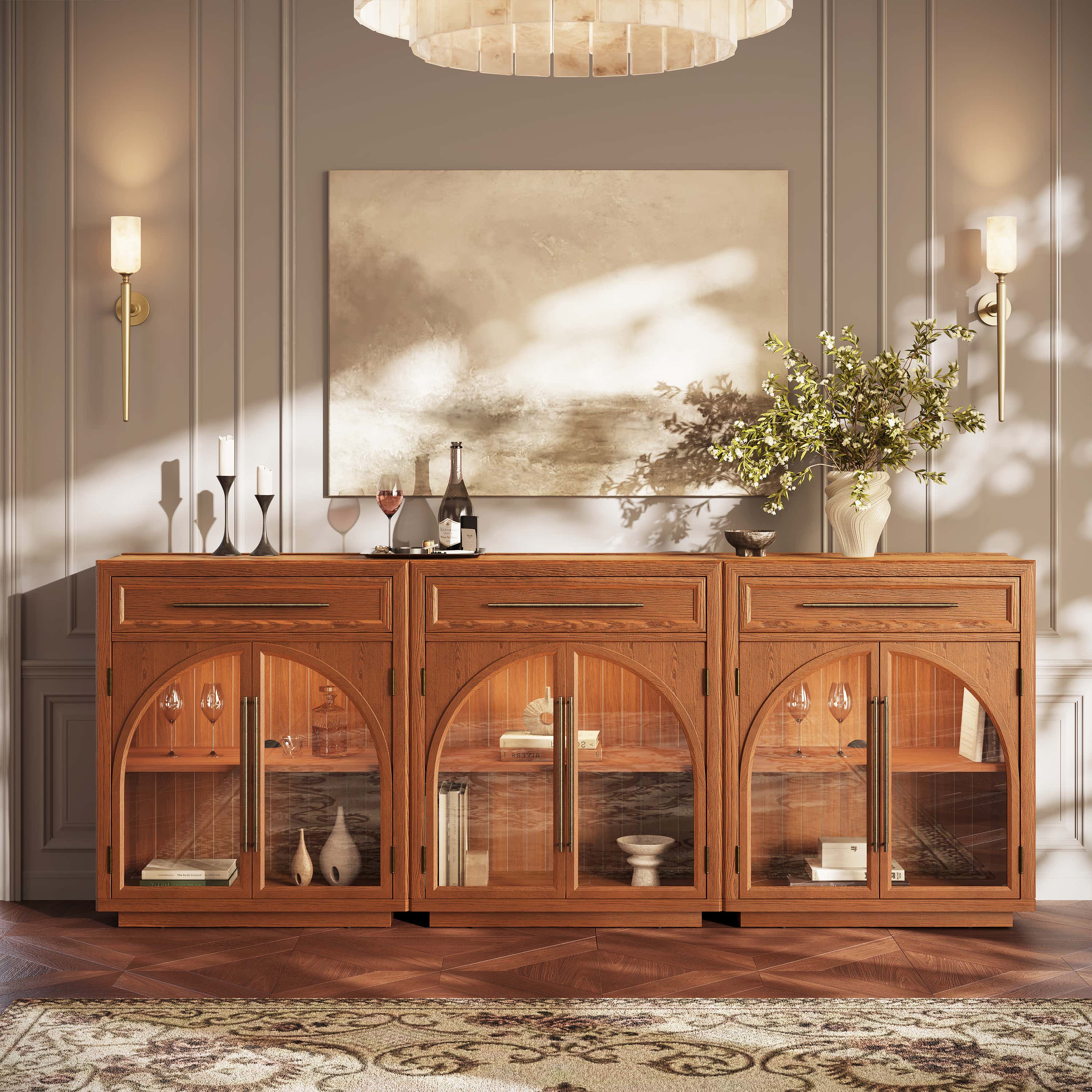 Alvar Arched 94.5" Oak Sideboard with Drawers(Set of 3)