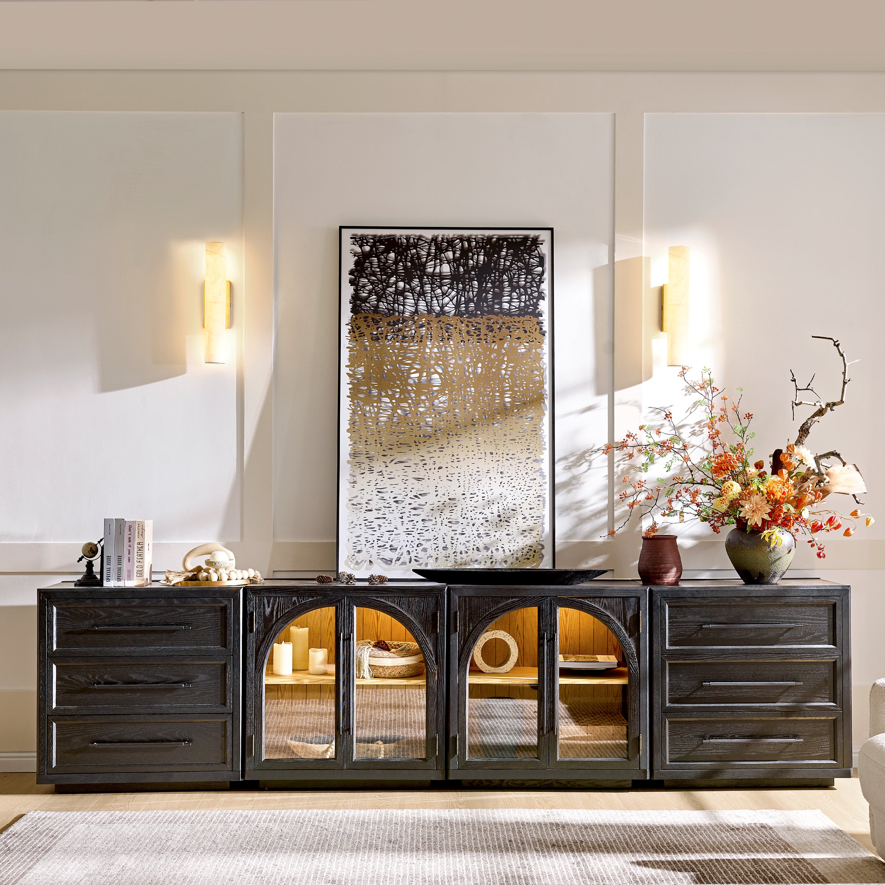 medea メデア 4段チェスト アールヌーボー様式 ロココ ※i1※ Alvar Arched 121″ Oak Modular Media Console(Set of 4) - HOULTE