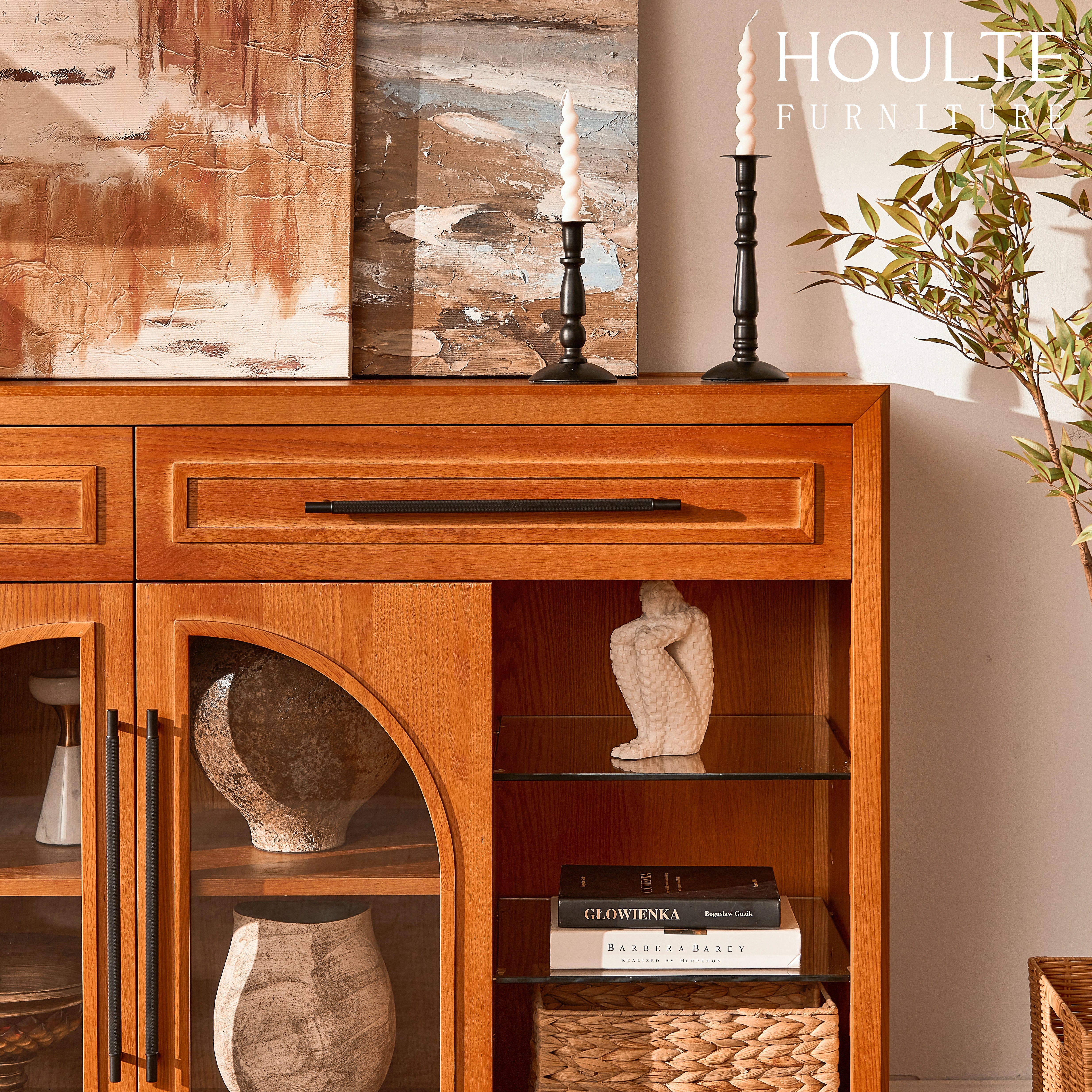 Alvar Oak Arched Glass Sideboard 63"W