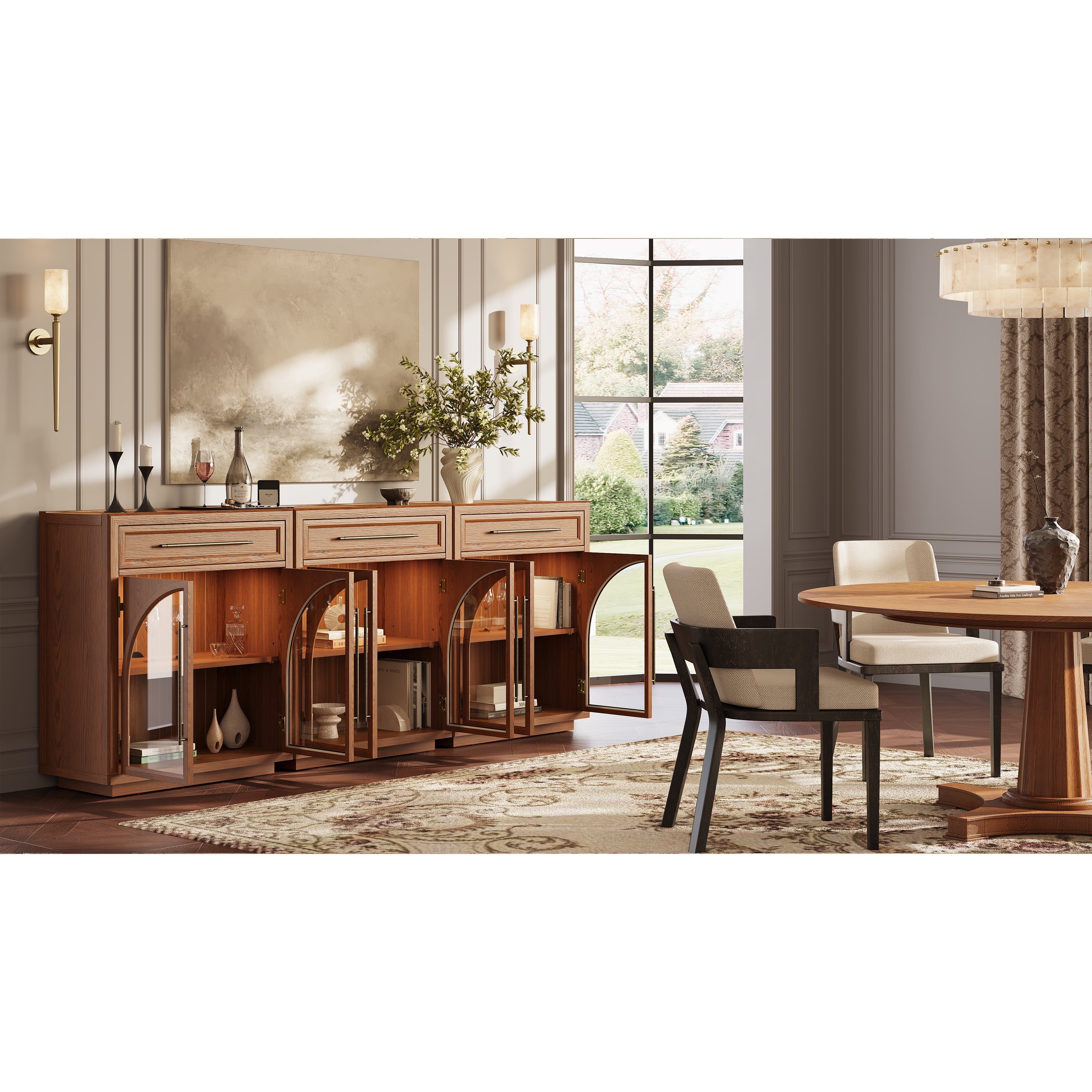 Alvar Arched 94.5" Oak Sideboard with Drawers(Set of 3)