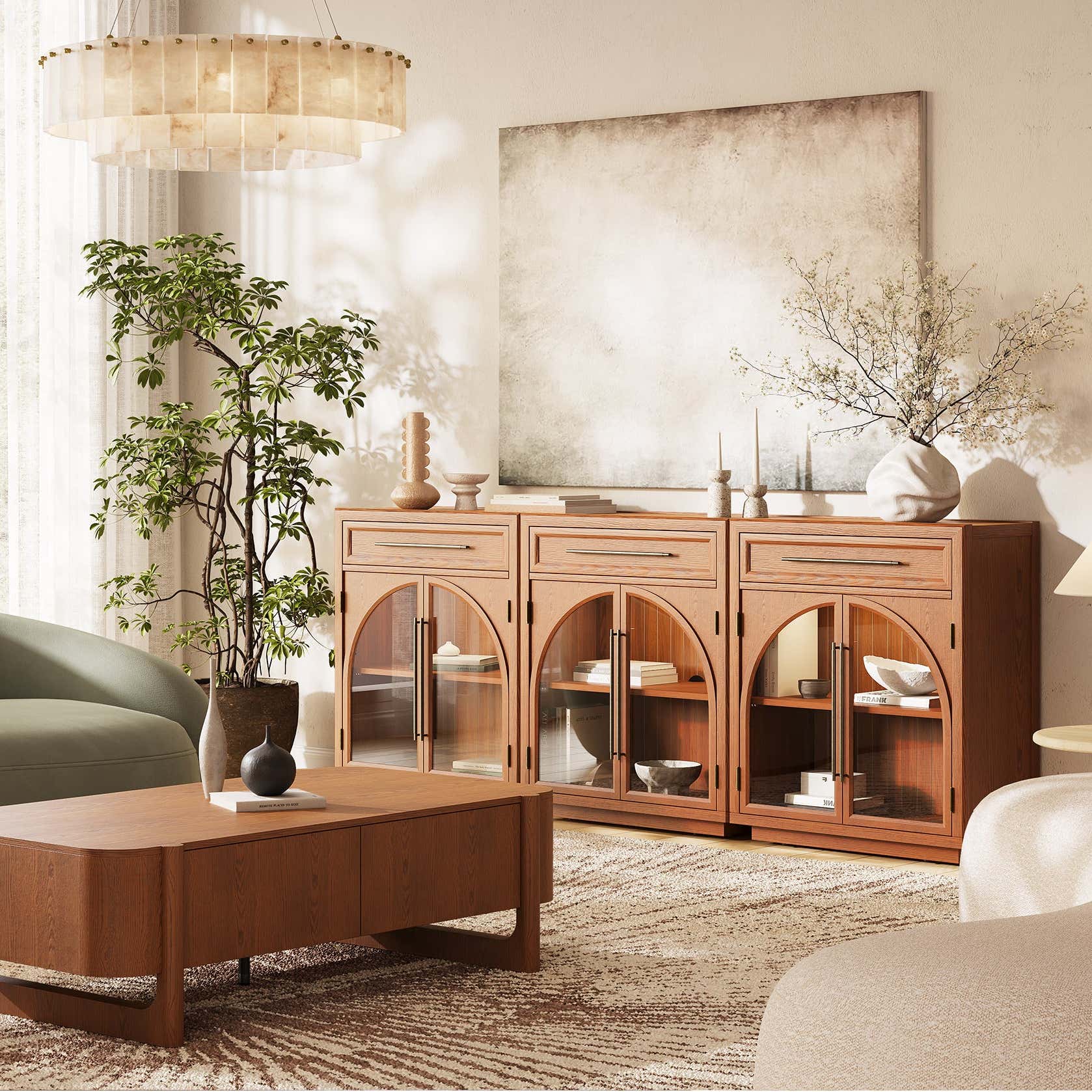 Alvar Arched 94.5" Oak Sideboard with Drawers(Set of 3)