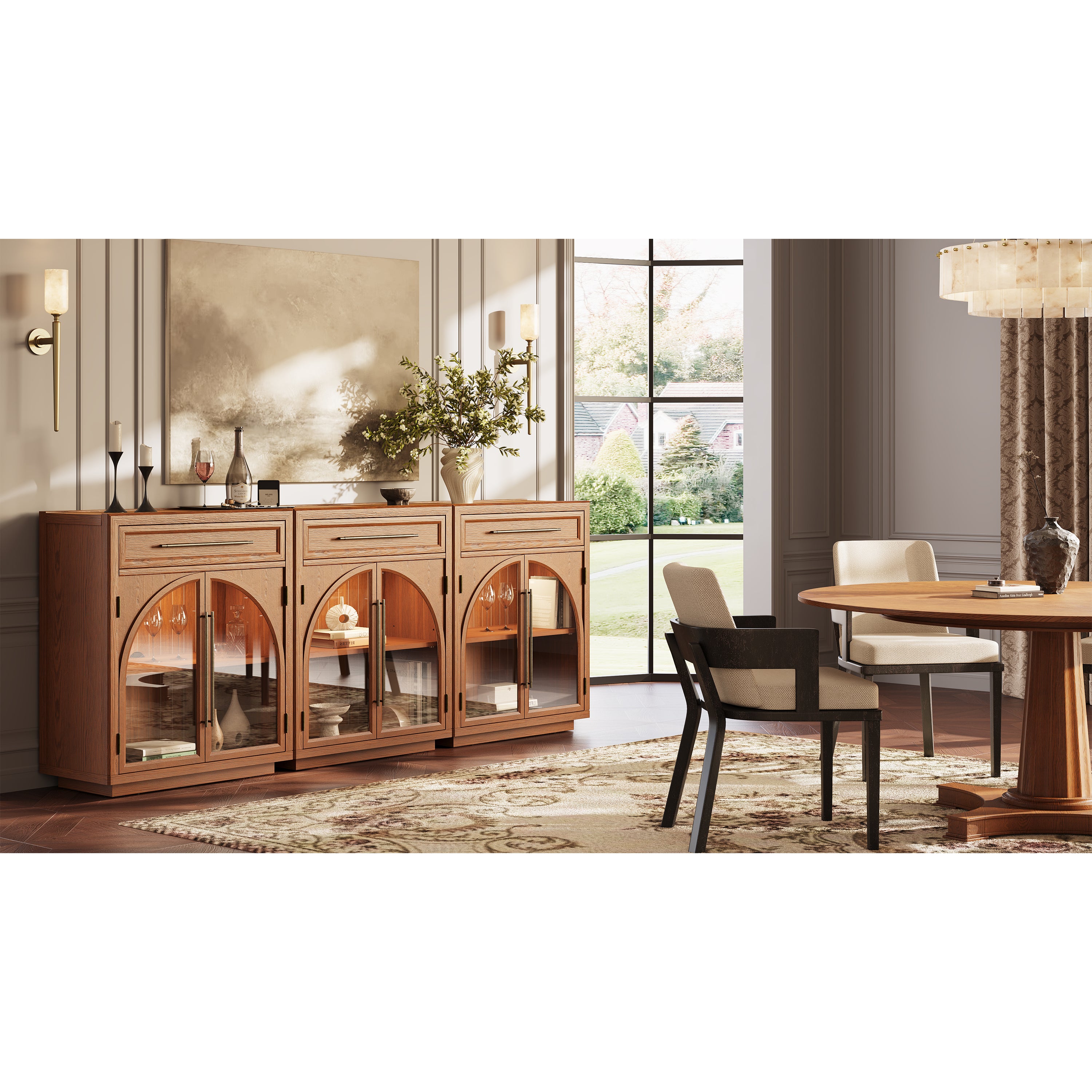 Alvar Arched 94.5" Oak Sideboard with Drawers(Set of 3)