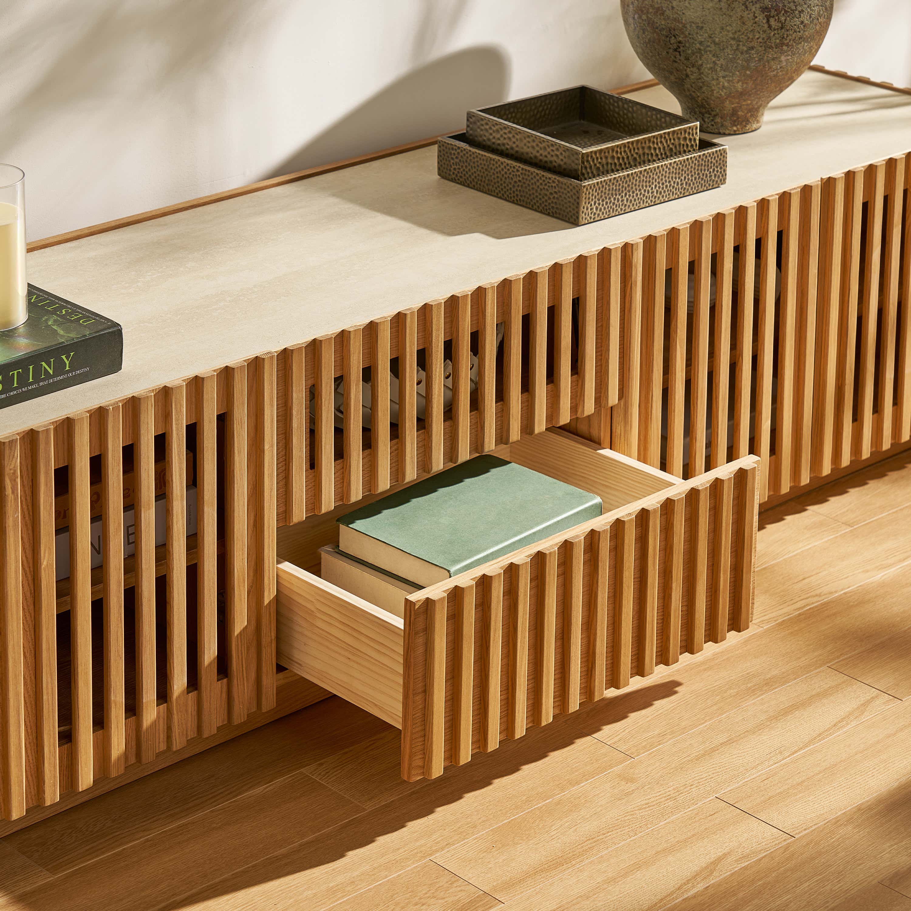 Isla Oak Sintered Stone Media Console And Coffee Table Set