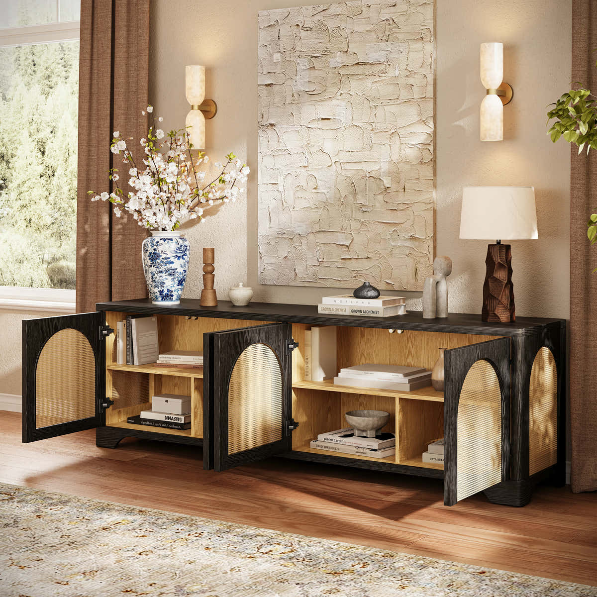 Cory 80 inch media console styled for a modern living room