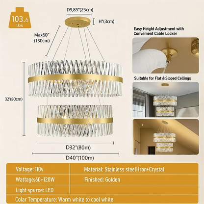 Vetro Prism Crystal 2-Tier Round Chandelier 40"D+32"D
