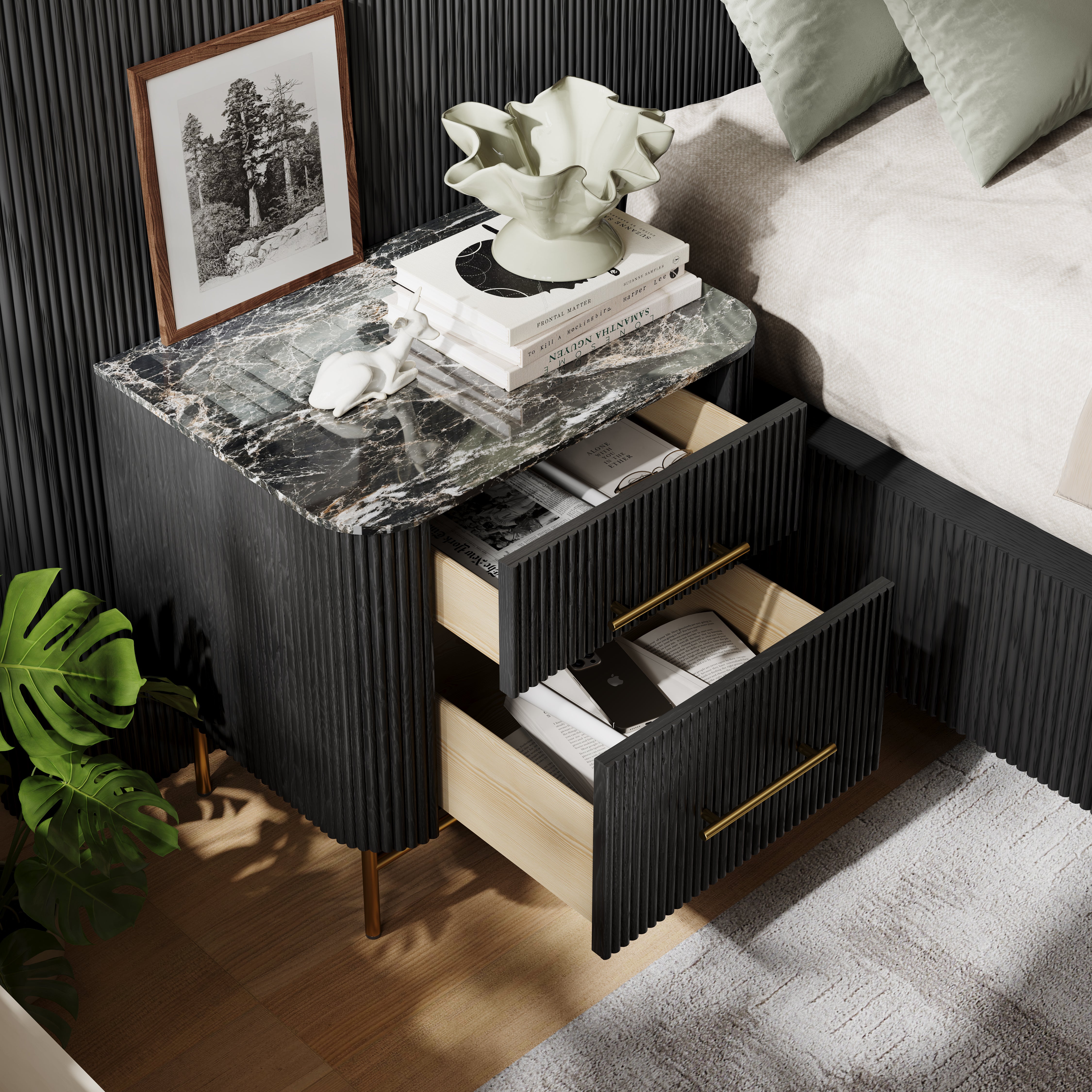 Ewan Sintered Stone Nightstand 26"W#Finish_Black,Top-Finish_Black