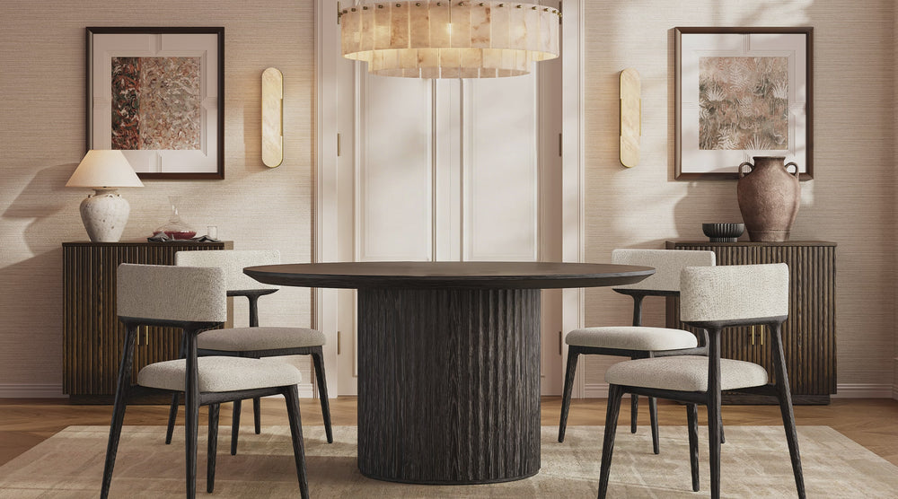 Modern dining room with round dining table and sideboard storage