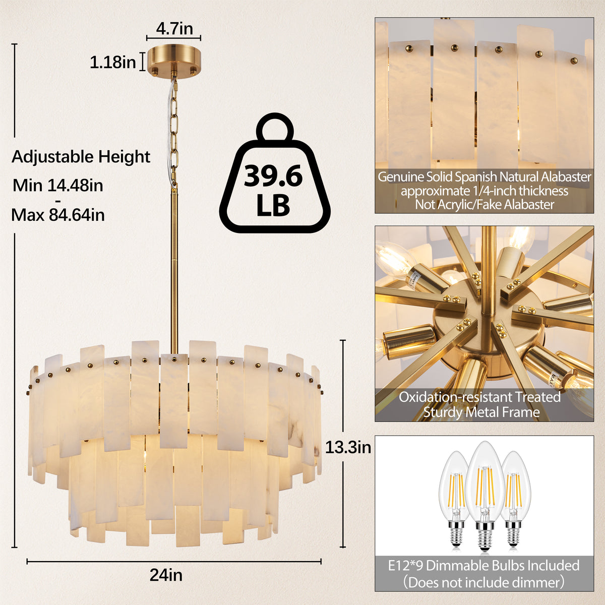 Nivislight Alabaster 2-Tier Round Chandelier 24"D
