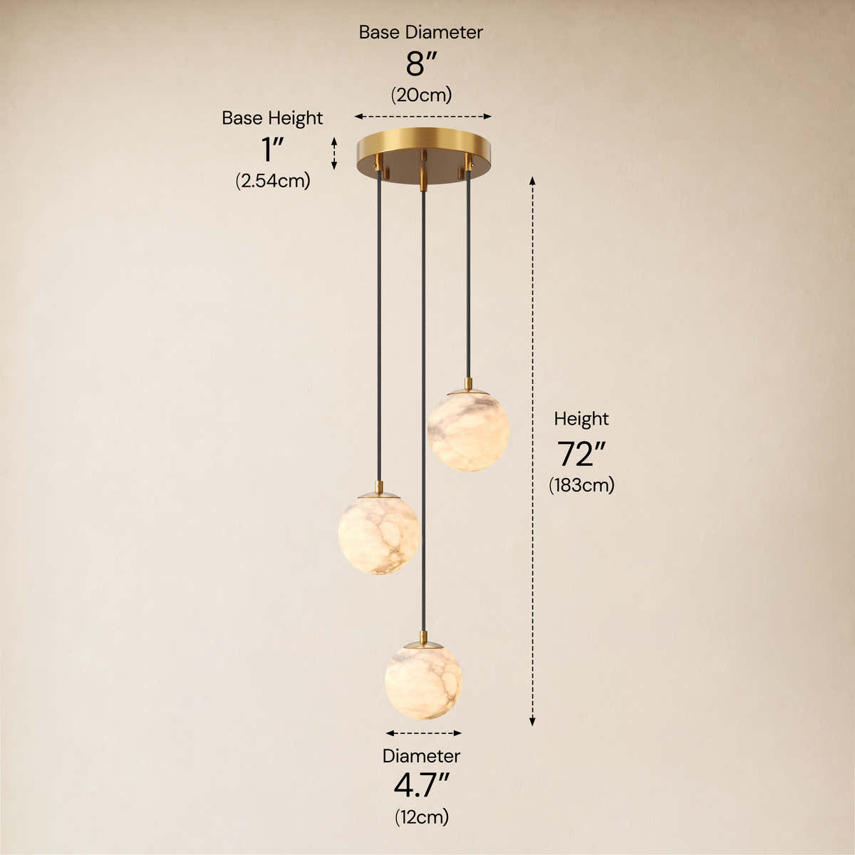 Solindra Resin Globe Cascade Chandelier size-image #Finish_Gold,Lights_3-Lights dimensions 1