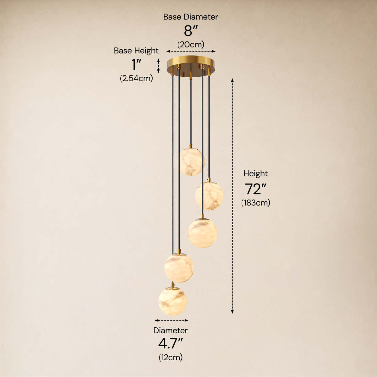 Solindra Resin Globe Cascade Chandelier size-image #Finish_Gold,Lights_5-Lights dimensions 2